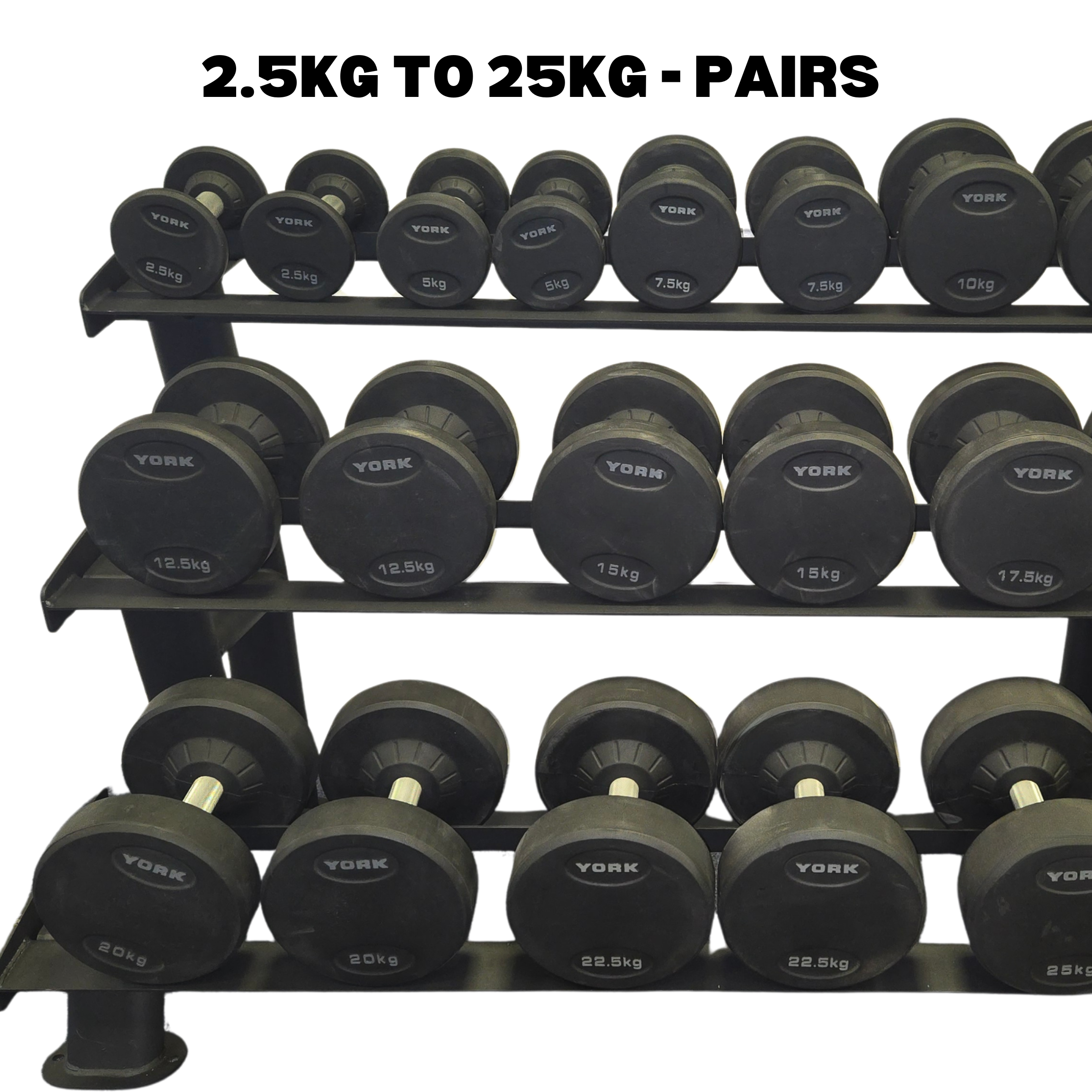 York Barbell PRO style round dumbbell + Rack Bundle 2.5kg – 25kg -Pairs