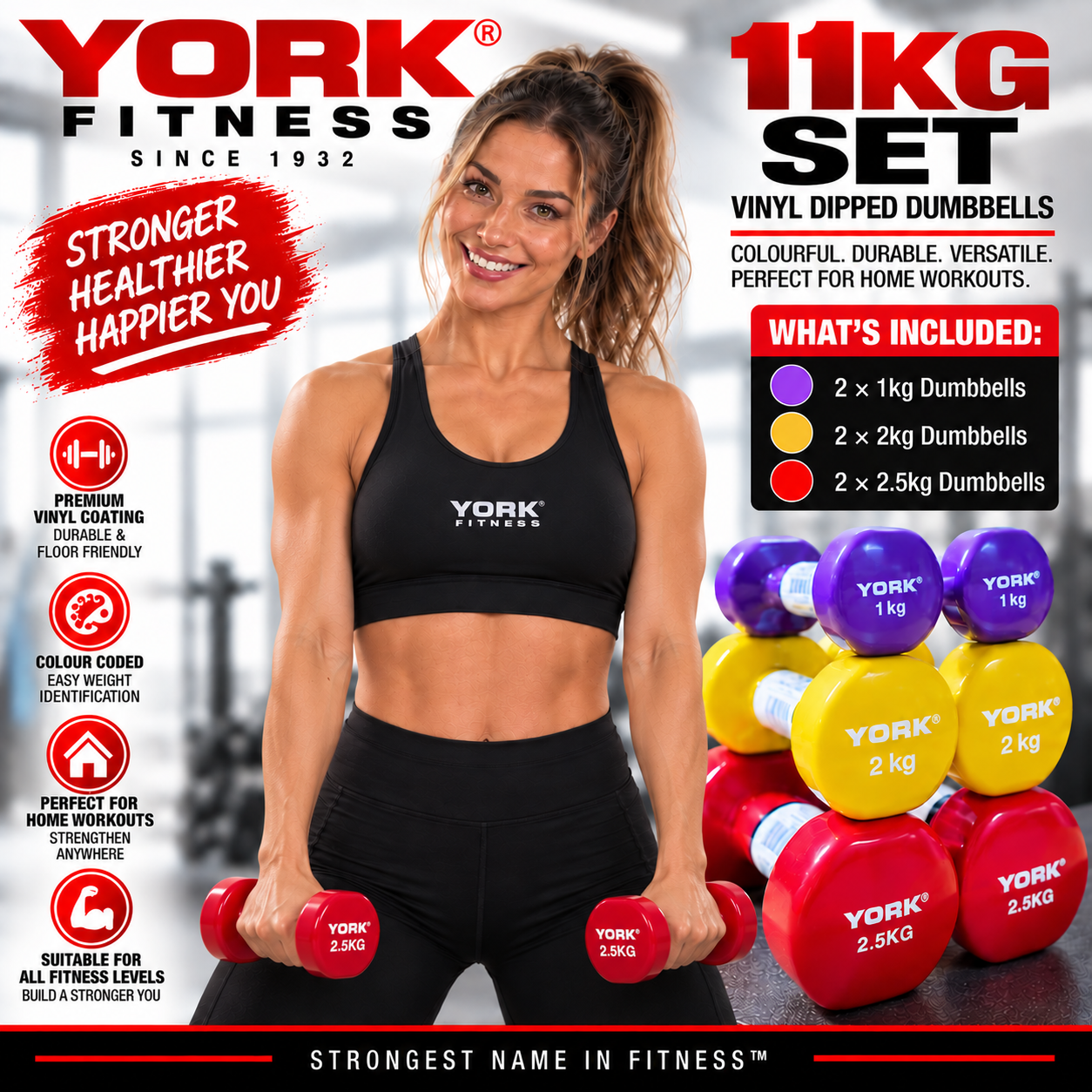 York Fitness Vinyl Dipped Dumbbells 11kg Set Bundle