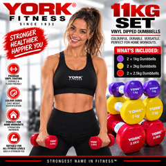 York Fitness Vinyl Dipped Dumbbells 11kg Set Bundle