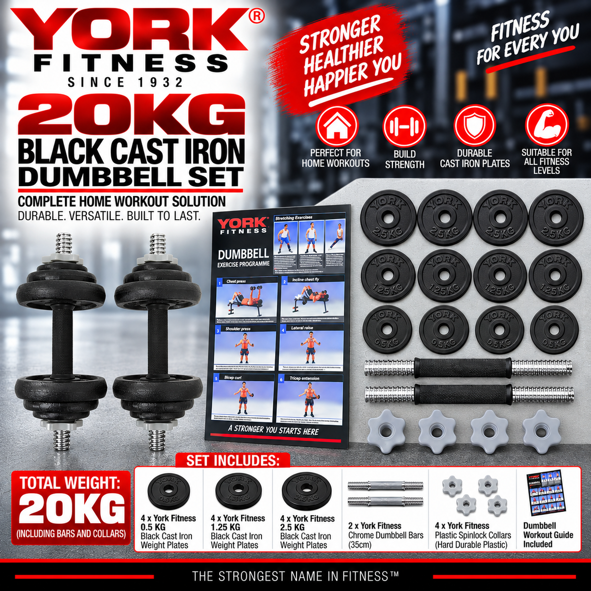 YORK 20 KG Black Cast Iron Dumbbell Set
