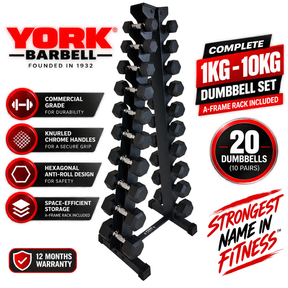 York Barbell 1kg-10kg Pro Hex Dumbbells & A Rack Set - (20 Dumbbells)
