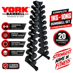 York Barbell 1kg-10kg Pro Hex Dumbbells & A Rack Set - (20 Dumbbells)