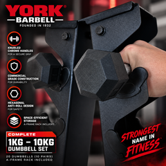 York Barbell 1kg-10kg Pro Hex Dumbbells & A Rack Set - (20 Dumbbells)