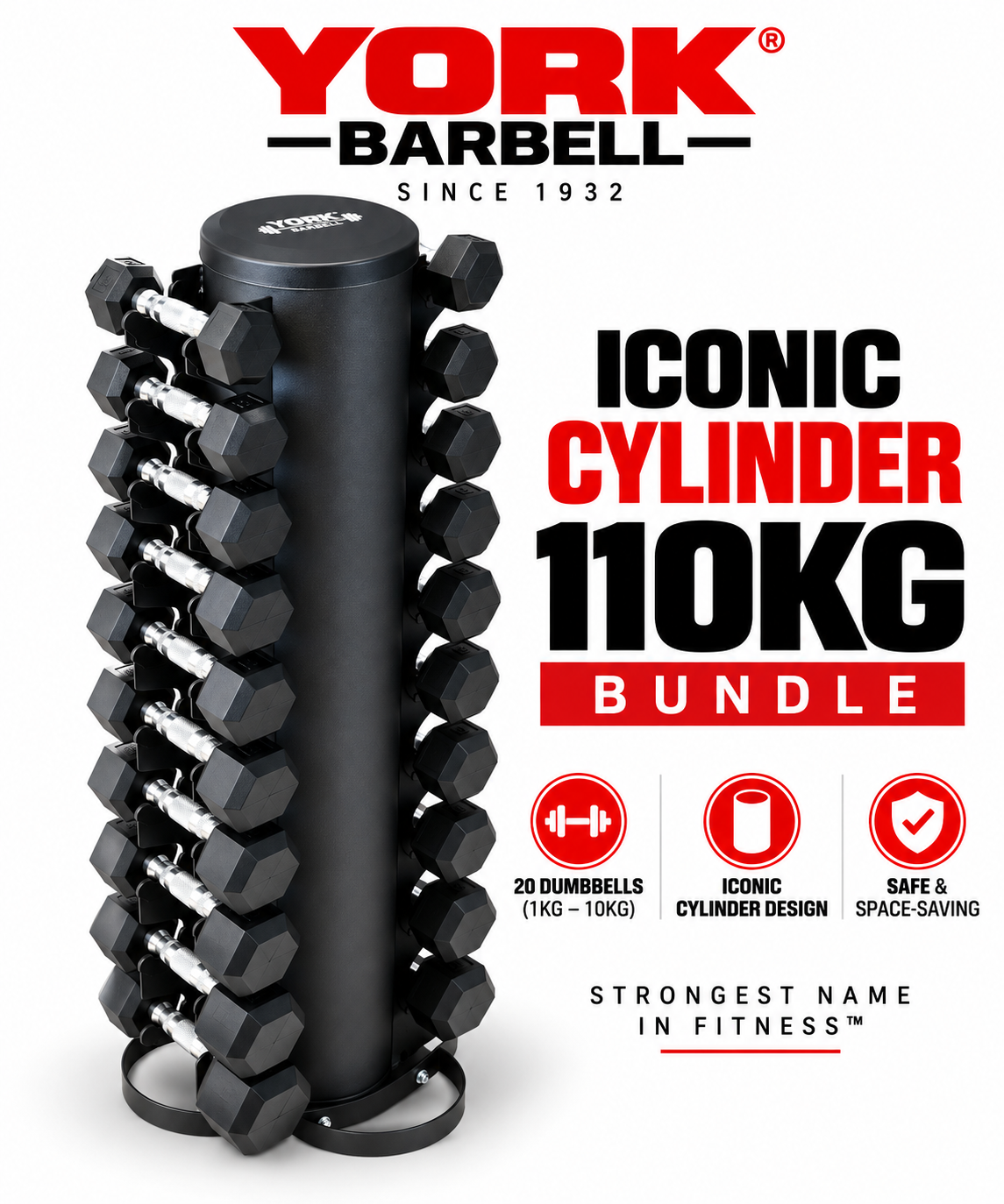 York Barbell Premium 1kg-10kg PRO hex dumbbells with Cylinder rack Bundle