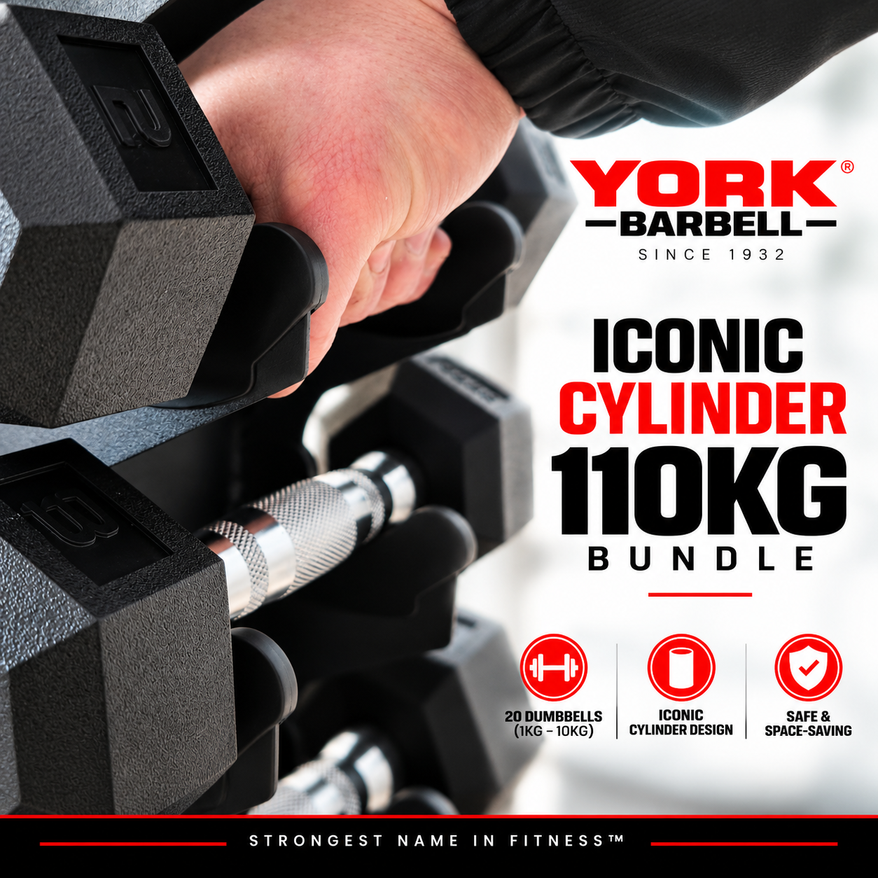York Barbell Premium 1kg-10kg PRO hex dumbbells with Cylinder rack Bundle