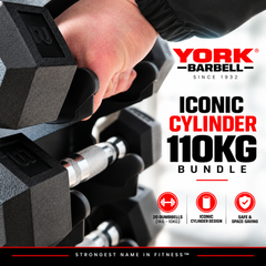 York Barbell Premium 1kg-10kg PRO hex dumbbells with Cylinder rack Bundle