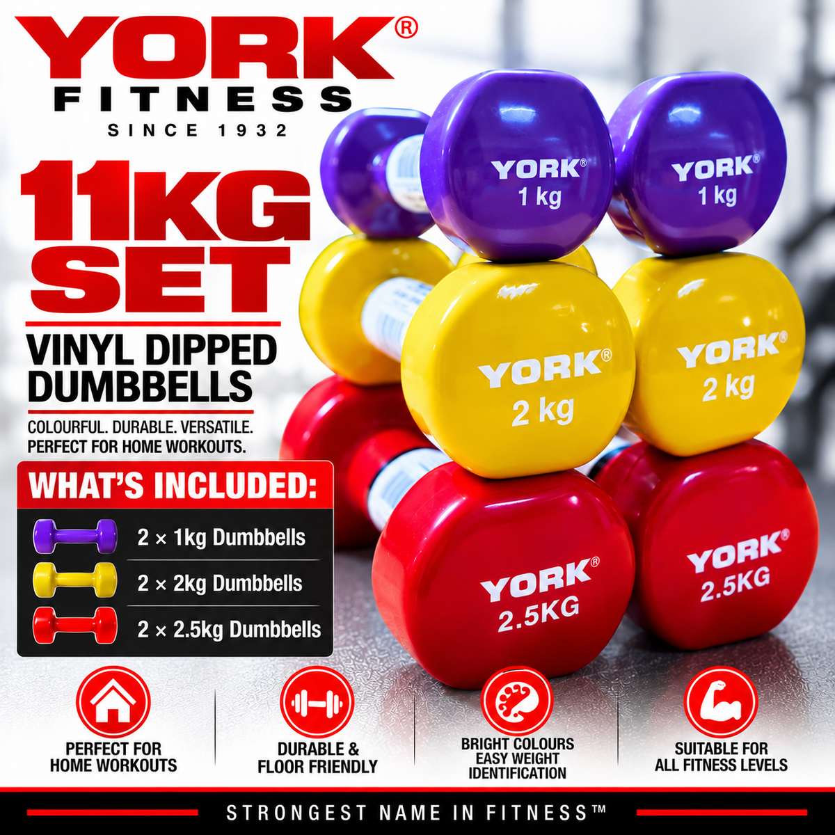 York Fitness Vinyl Dipped Dumbbells 11kg Set Bundle