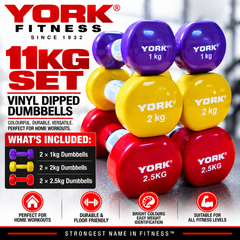 York Fitness Vinyl Dipped Dumbbells 11kg Set Bundle