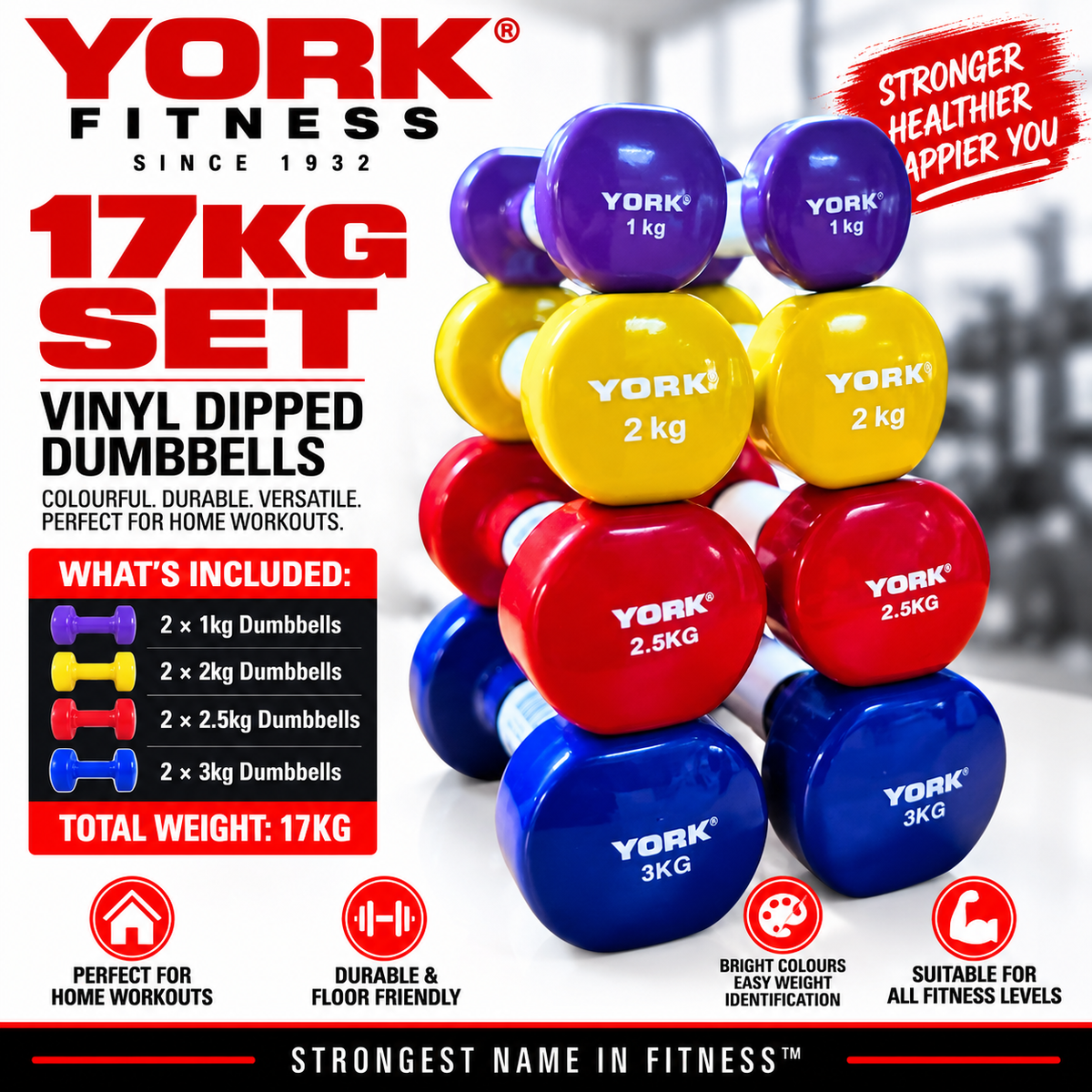 York Fitness Vinyl Dipped Dumbbells 17kg Set Bundle
