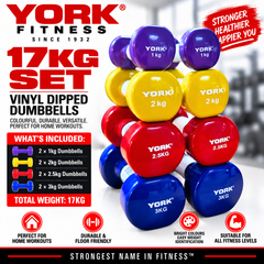 York Fitness Vinyl Dipped Dumbbells 17kg Set Bundle