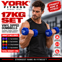 York Fitness Vinyl Dipped Dumbbells 17kg Set Bundle