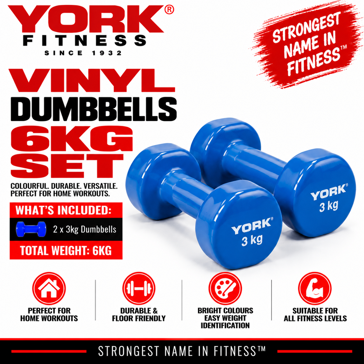 York Fitness 2x3kg Vinyl Dipped Dumbbells (Fitbells)