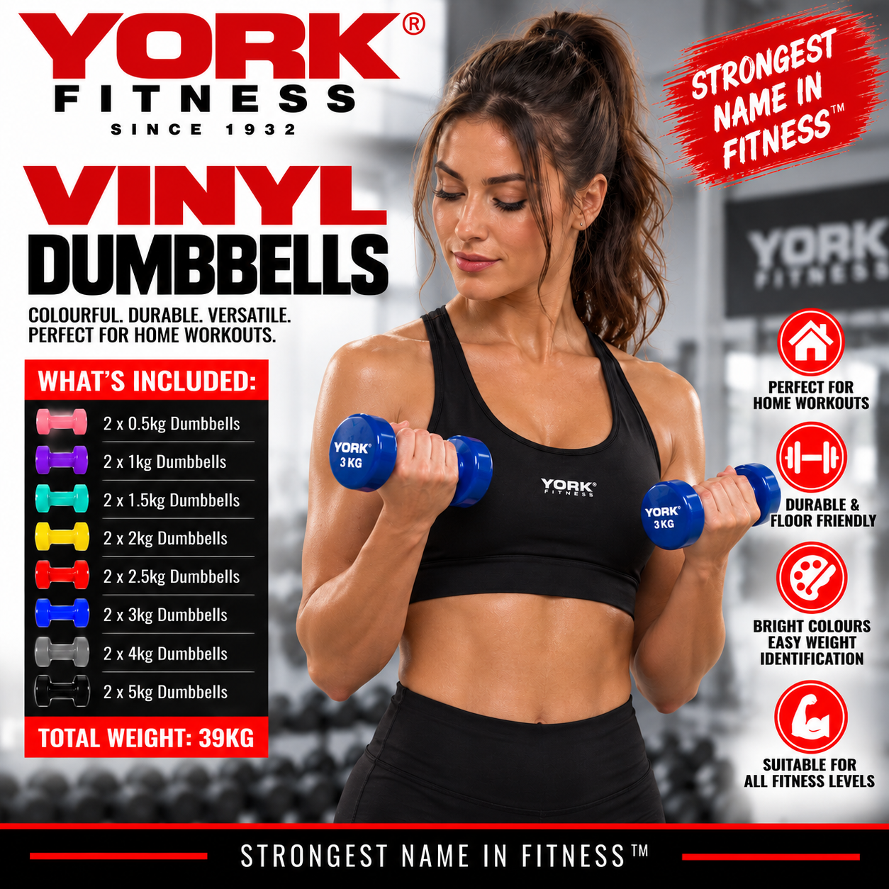 York Fitness Vinyl Dipped Dumbbells 39kg (Fitbells) Set Bundle