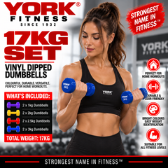York Fitness Vinyl Dipped Dumbbells 17kg Set Bundle