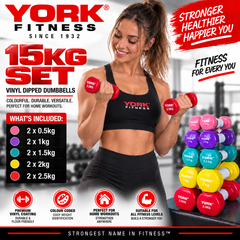 York Fitness Vinyl Dipped Dumbbells 15kg Set Bundle