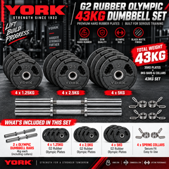York Barbell G2 Hard Rubber Olympic 43kg Dumbbell Set - Matte Black