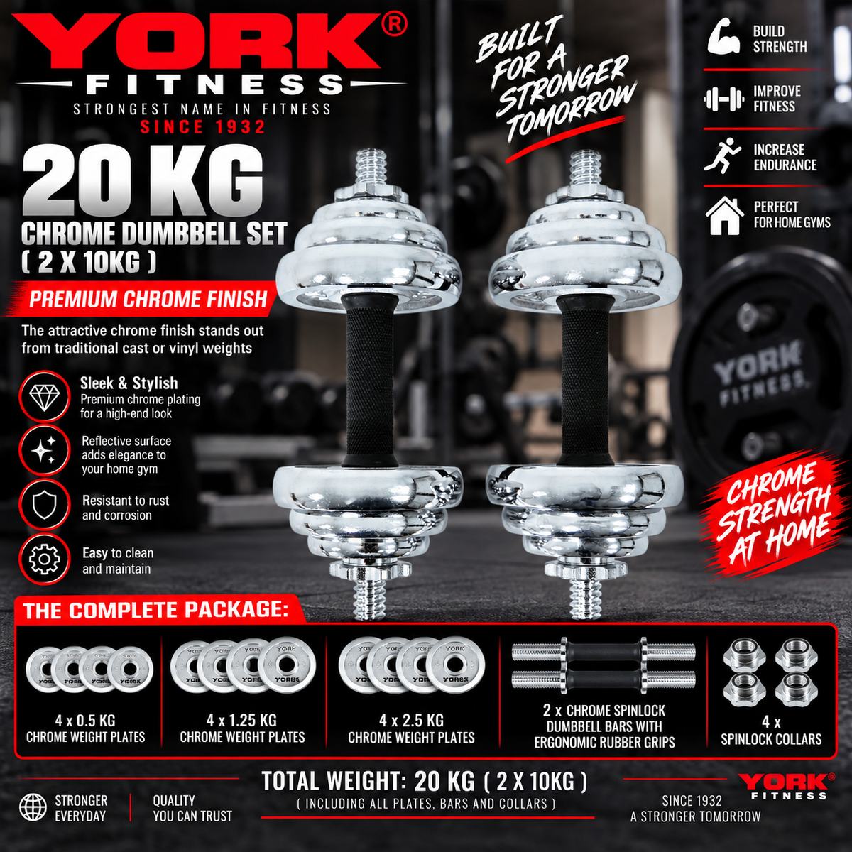 York Fitness 20 KG Chrome Dumbbell Set ( 2 X 10KG)