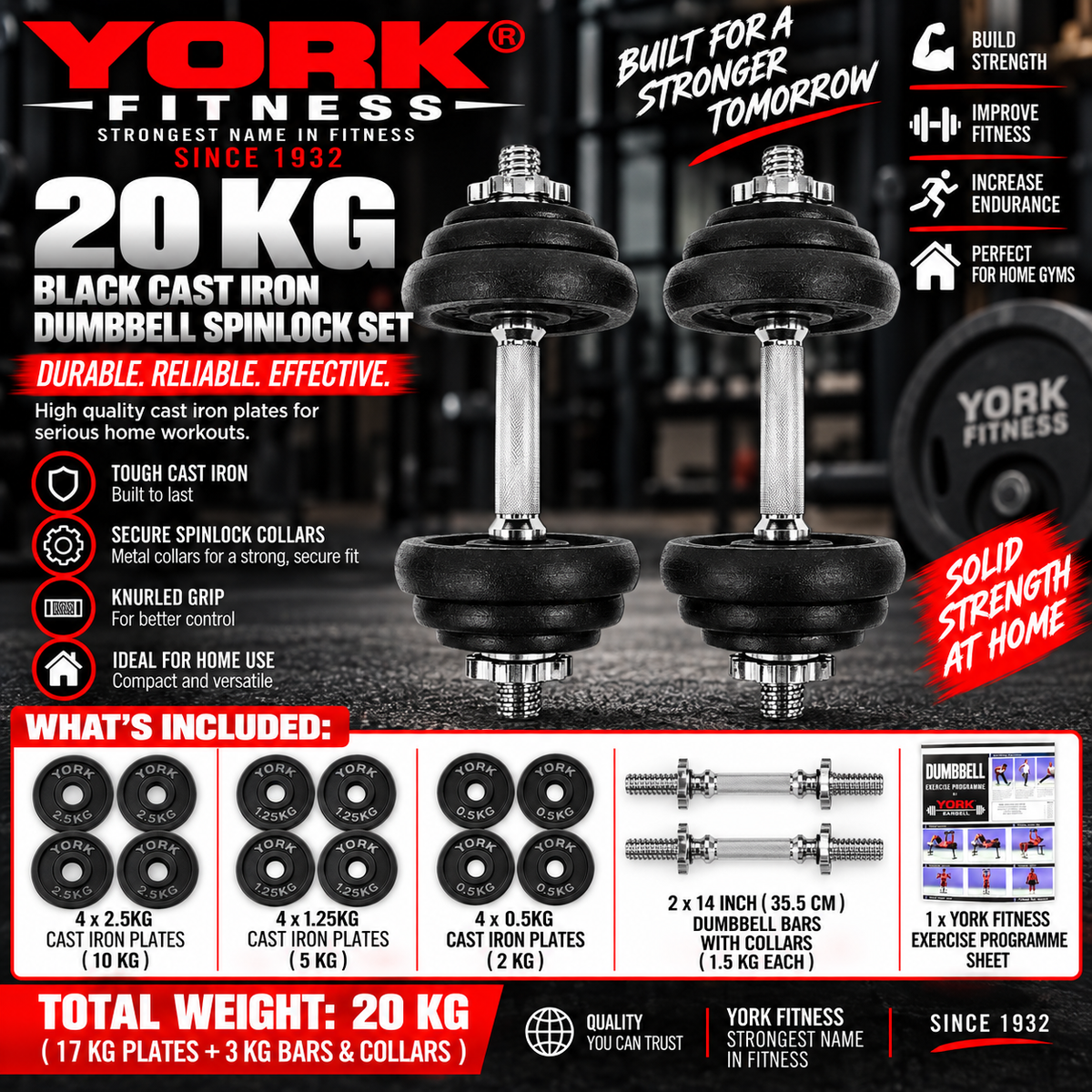 York Fitness 20 KG Black Cast Iron Dumbbell Spinlock Set (Metal collars)