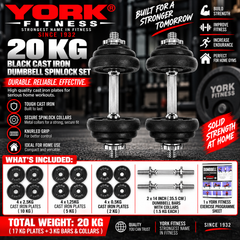 York Fitness 20 KG Black Cast Iron Dumbbell Spinlock Set (Metal collars)