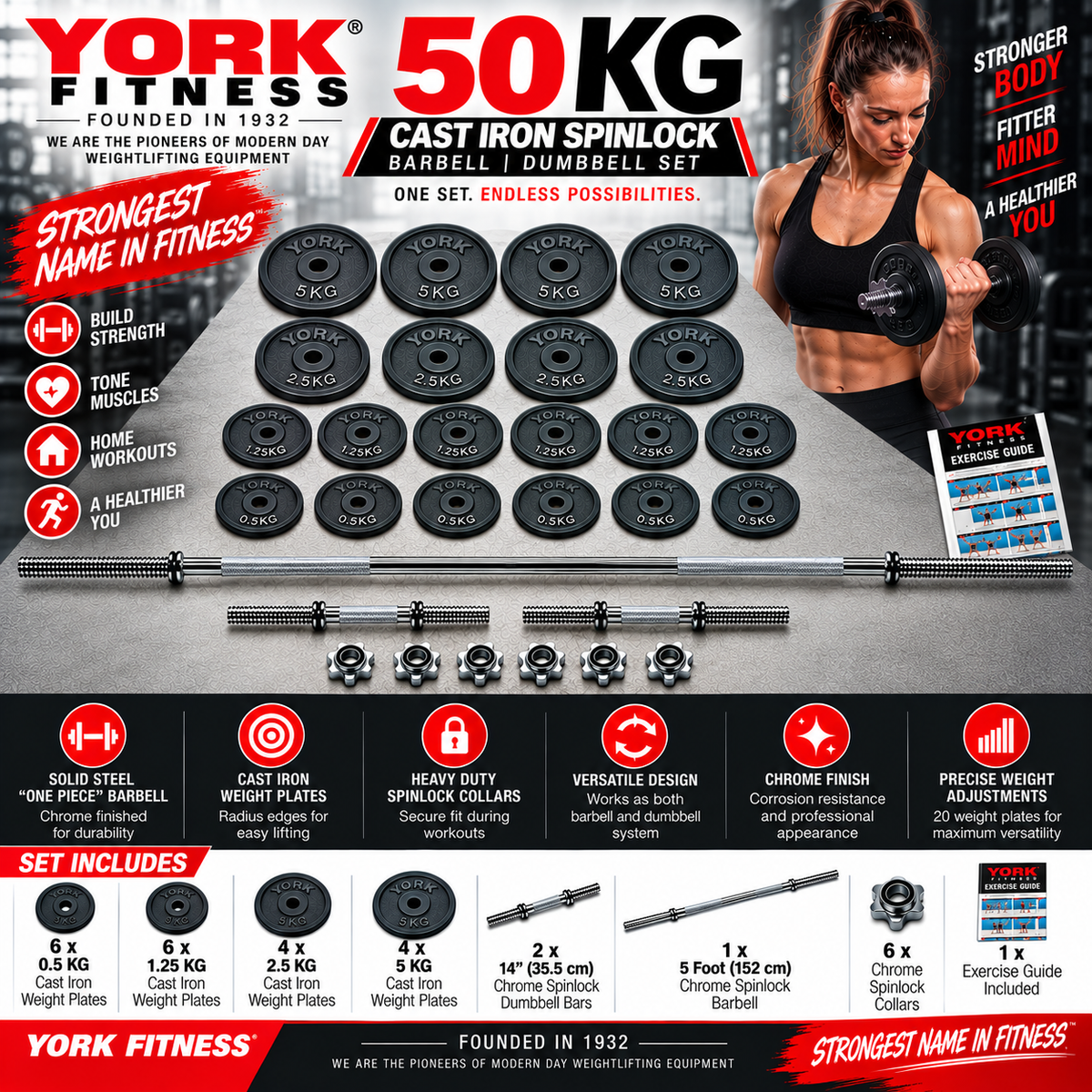 York Fitness 50 KG Cast Iron  Spinlock Barbell | Dumbbell Set