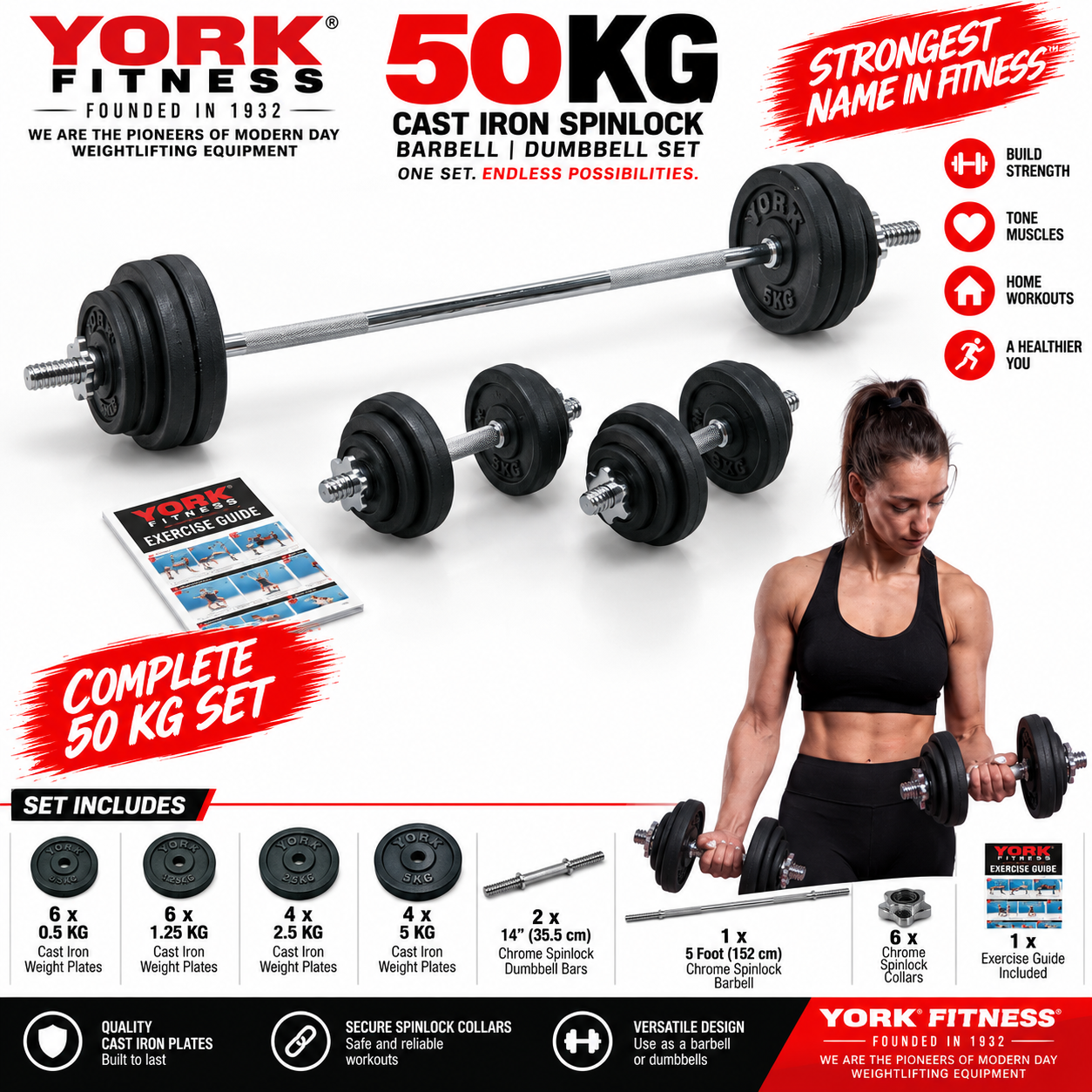 York Fitness 50 KG Cast Iron  Spinlock Barbell | Dumbbell Set