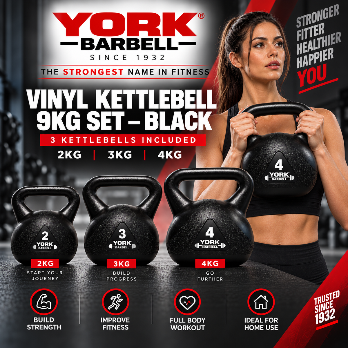 York Barbell Vinyl 9KG Kettlebell SET 2KG,3KG,4KG - Black