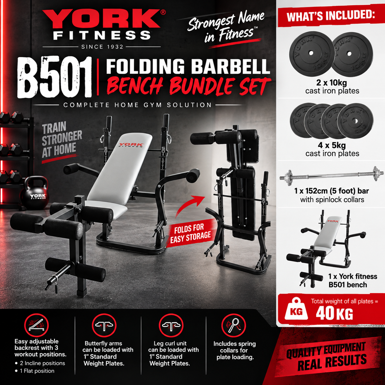 York Fitness B501 Folding Barbell Bench Bundle Set