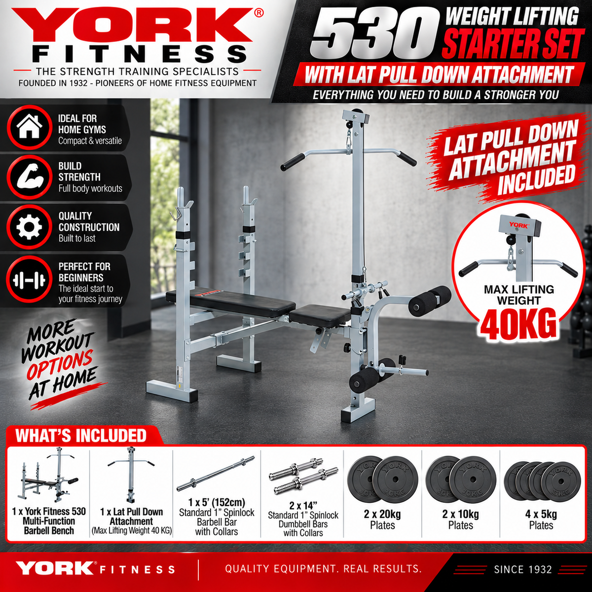 York Barbell Weight Lifting Starter Set - Bench + LAT Attachment , Bars & 80kg Weights