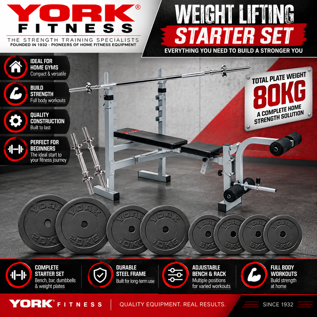York Fitness B530 Weight Lifting Starter Set - Bench, Bars & 80kg Weights