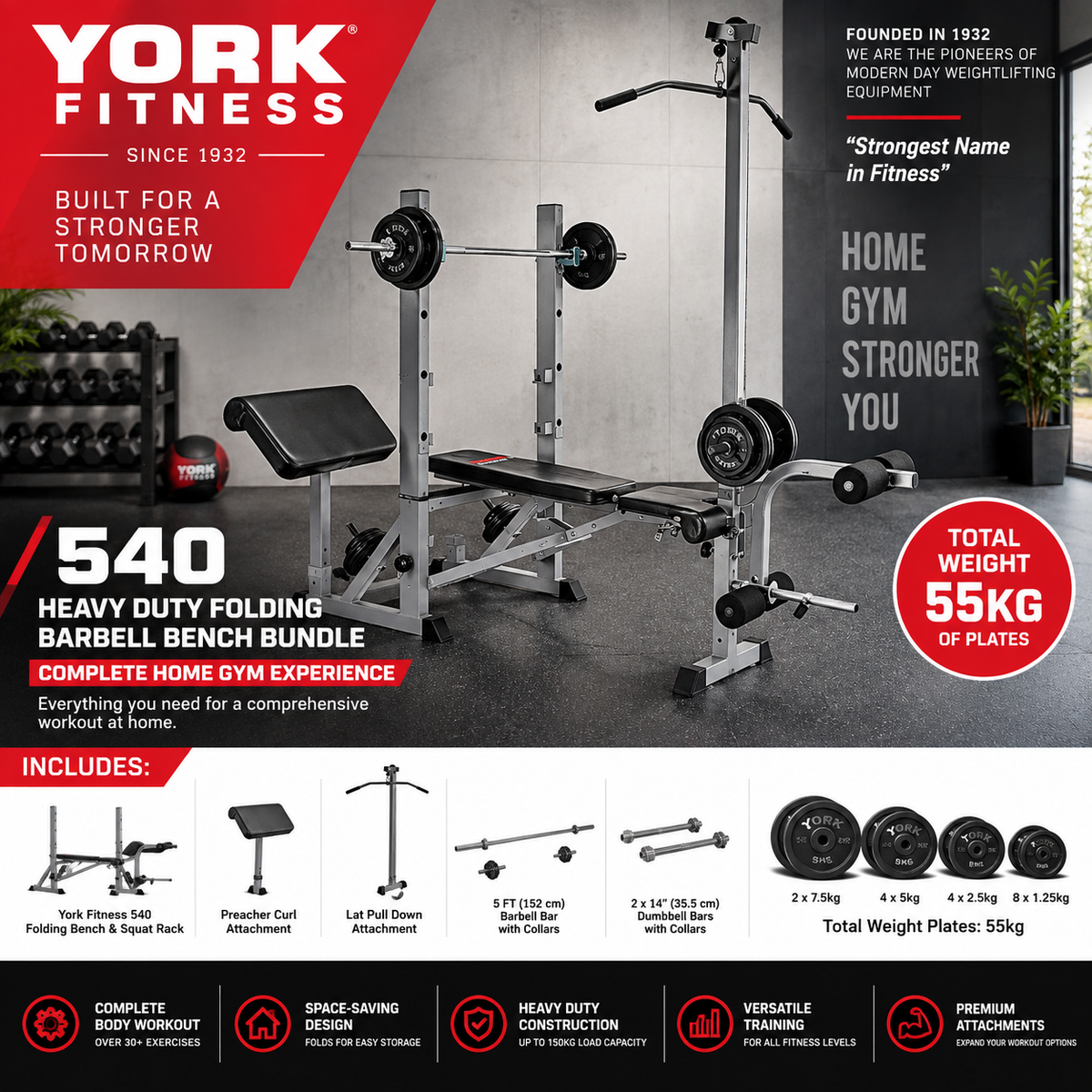 York Fitness 540 Heavy Duty Folding Barbell Bench Bundle