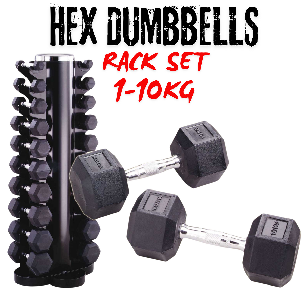 York Barbell 1kg-10kg rubber hex dumbbells with rack Bundle