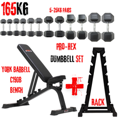 York Barbell 165KG Hex Dumbbell Rack & C19DB Flat to Incline Dumbbell Bench Bundle