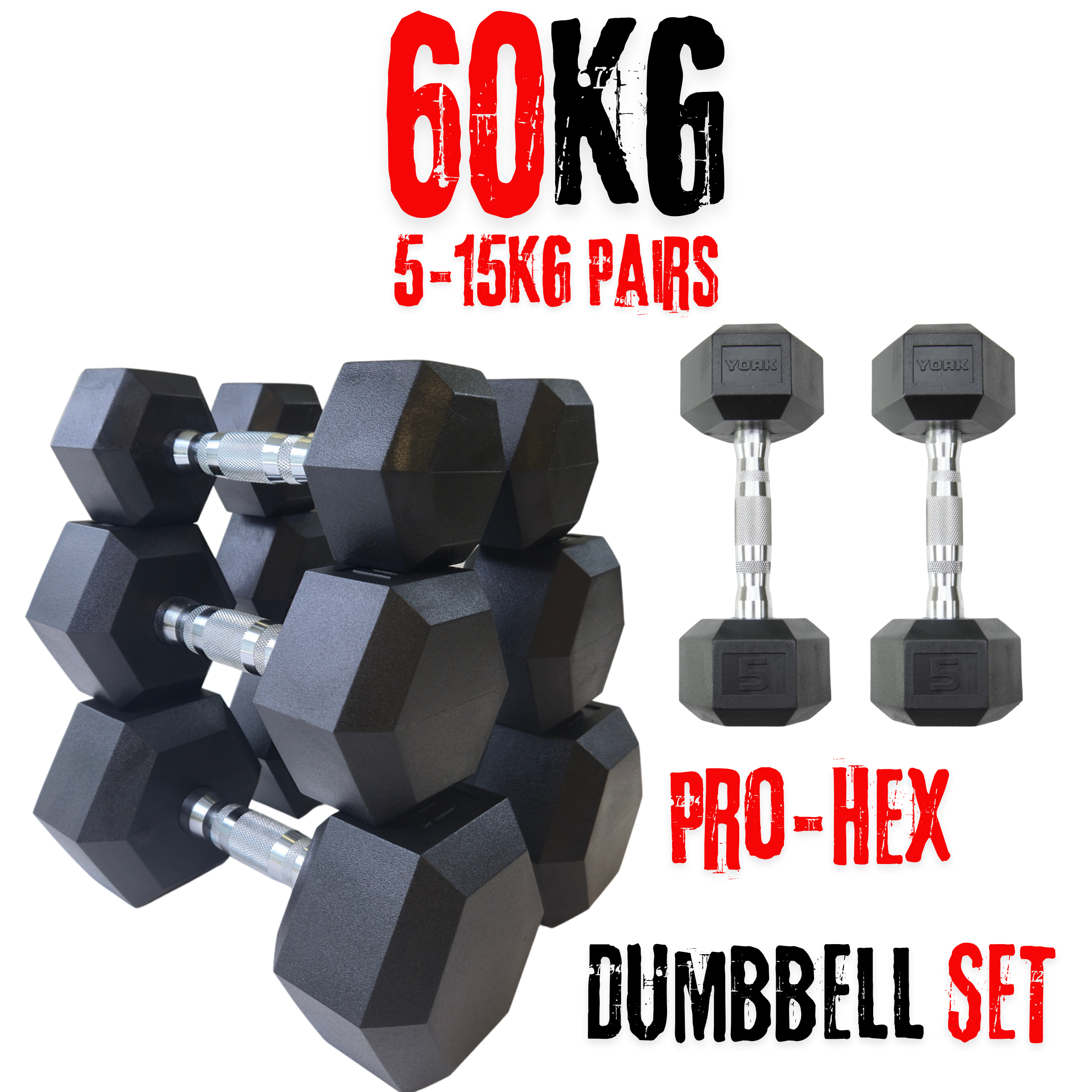 York Barbell PRO Hex Dumbbells Bundle - 60Kg Set (5 - 15Kg Pairs)