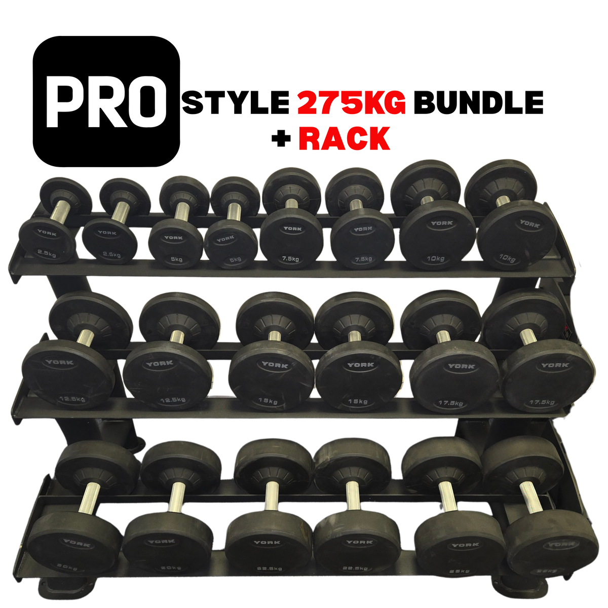 York Barbell PRO style round dumbbell + Rack Bundle 2.5kg – 25kg -Pairs