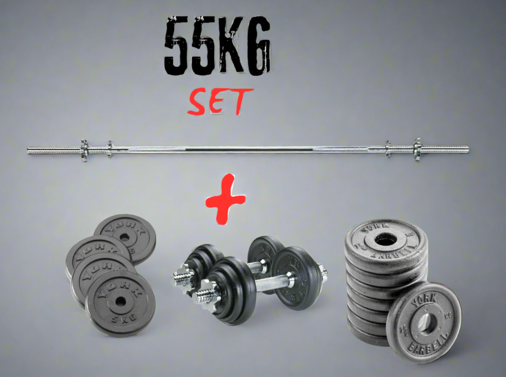 York Fitness 55 KG Cast Iron Spinlock Barbell | Dumbbell Set