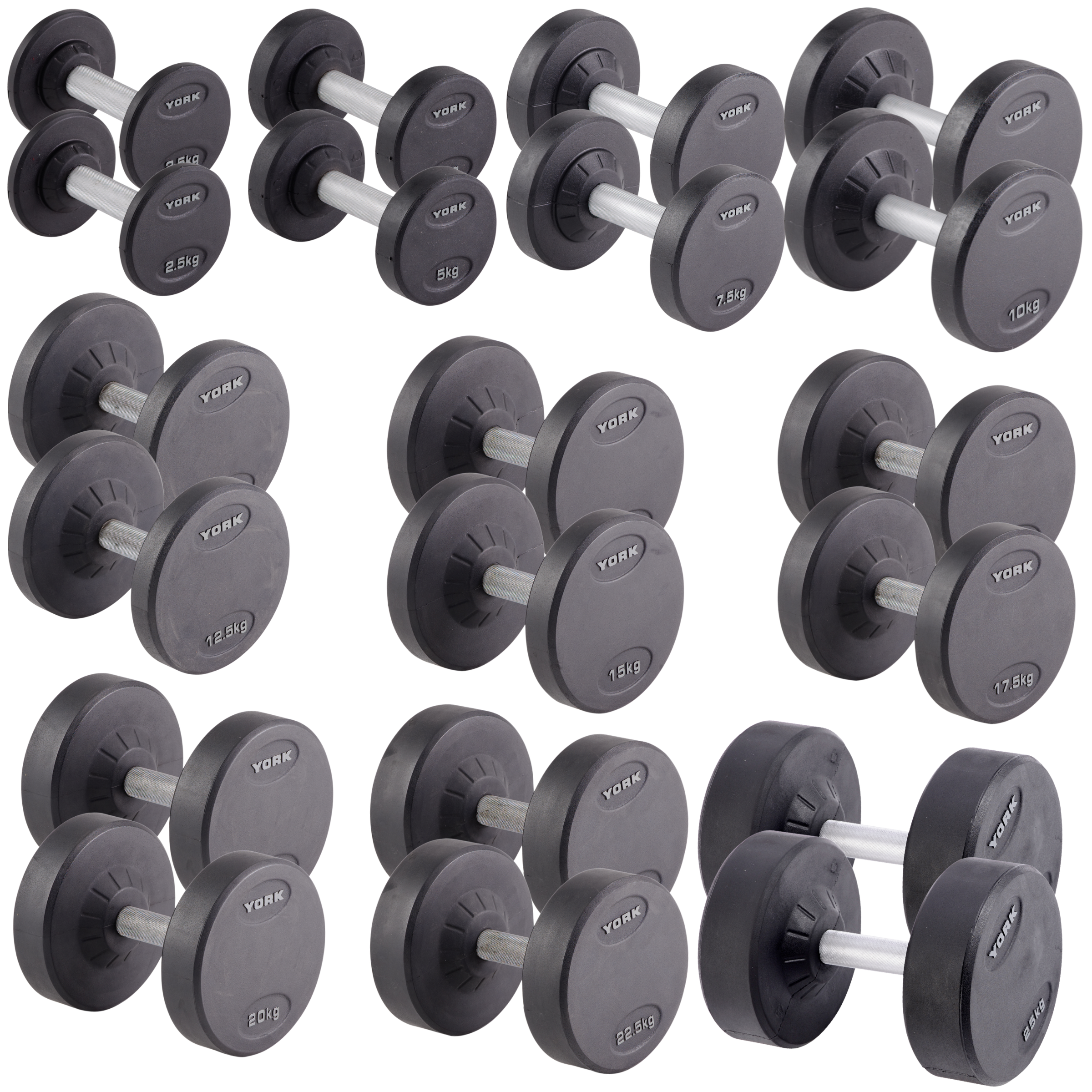 York Barbell PRO style round dumbbell + Rack Bundle 2.5kg – 25kg -Pairs