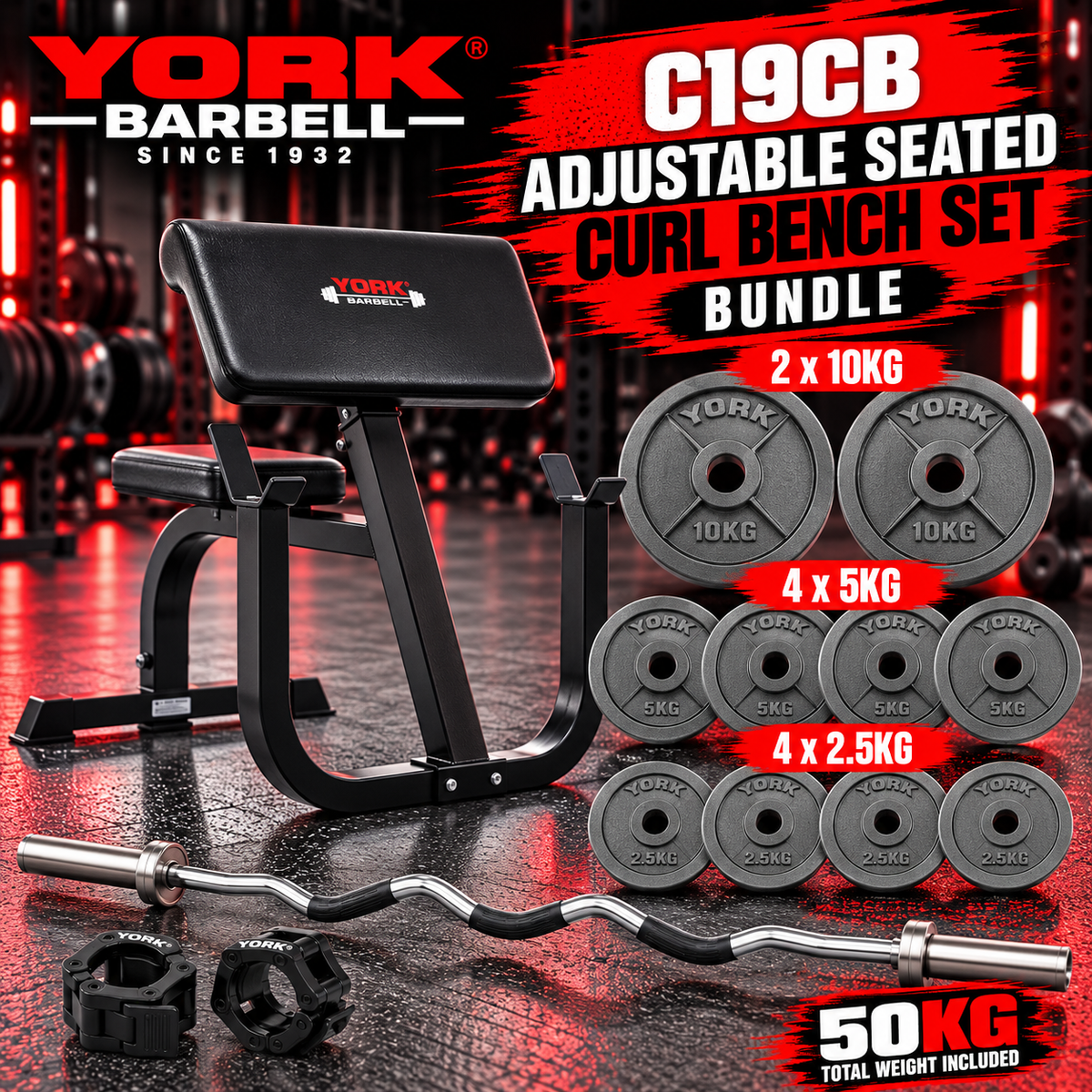 York Barbell C19CB Adjustable Seated 50kg Curl Bench Set Bundle