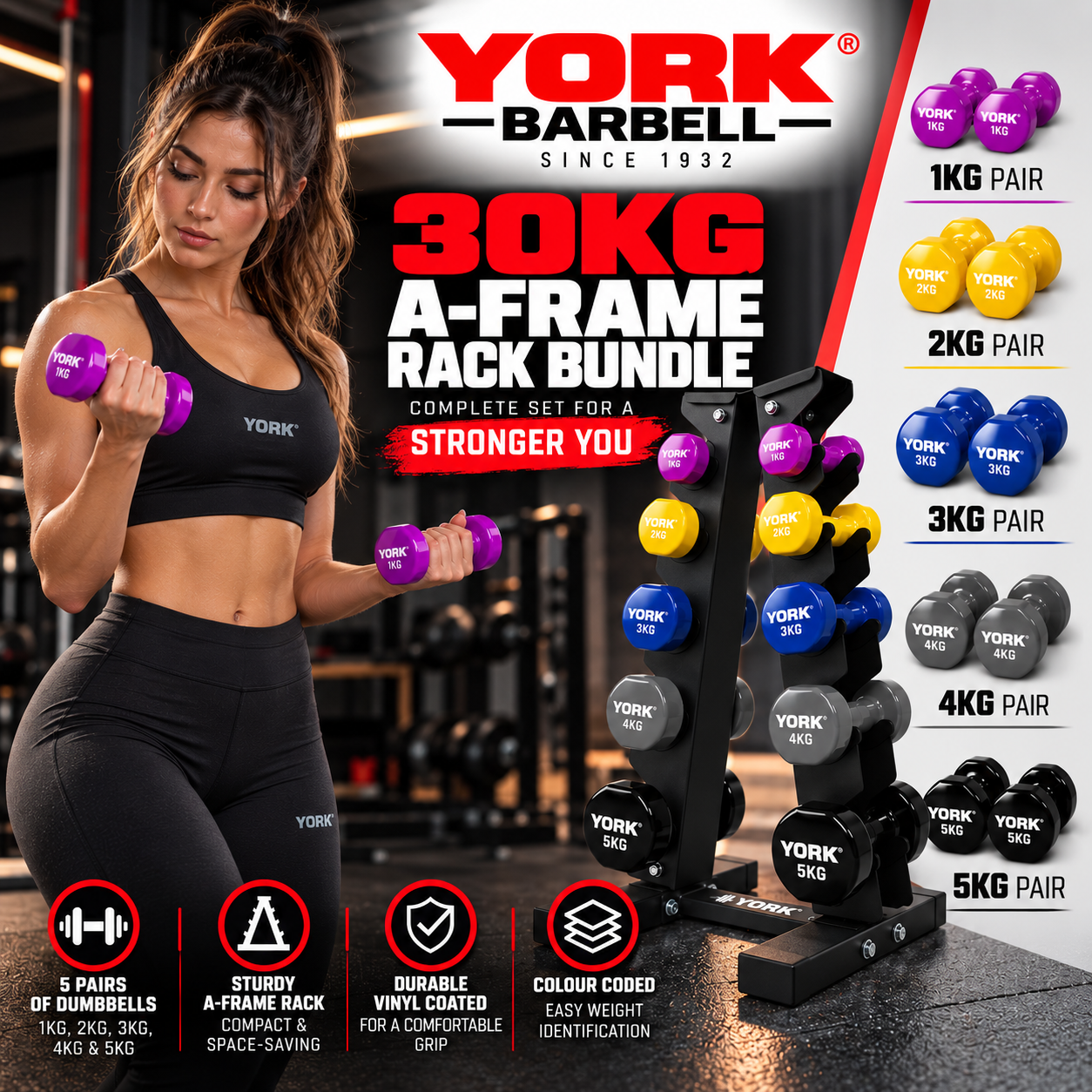 York Barbell 5-Pair A-Frame 30KG Dumbbell Bundle