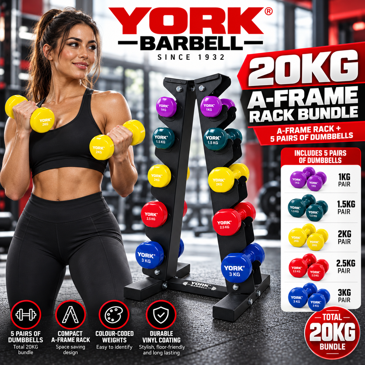 York Barbell 5-Pair A-Frame 20KG Dumbbell Bundle