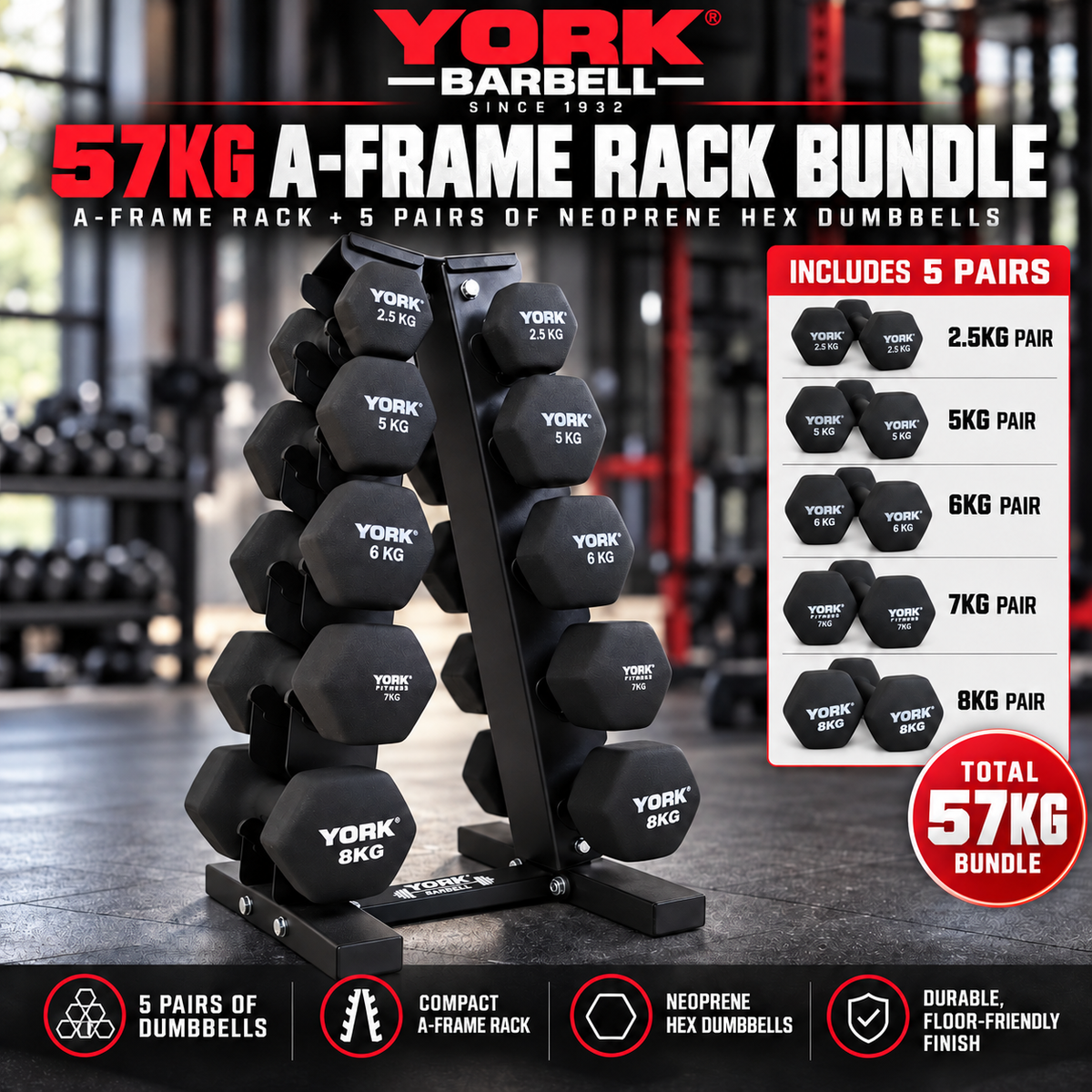 York Barbell 5-Pair A-Frame 57KG NEO HEX Dumbbell Bundle