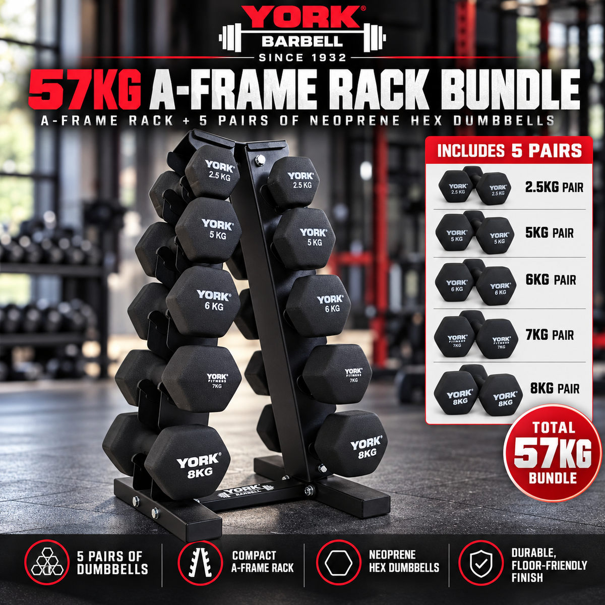 York Barbell 5-Pair A-Frame 57KG NEO HEX Dumbbell Bundle