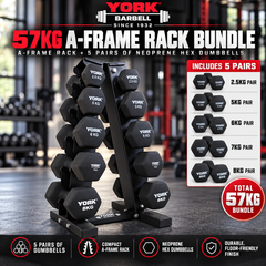 York Barbell 5-Pair A-Frame 57KG NEO HEX Dumbbell Bundle