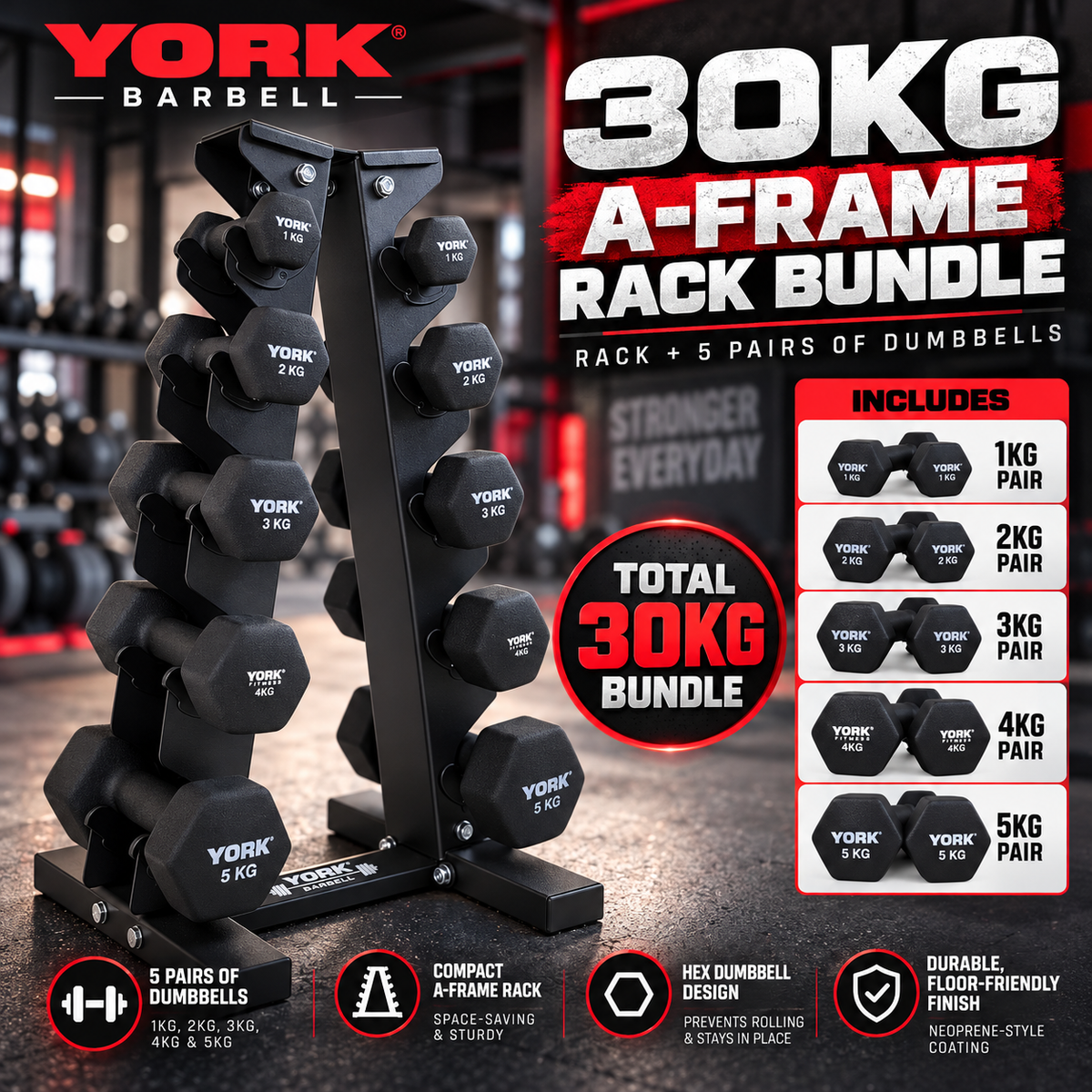 York Barbell 5-Pair A-Frame 30KG NEO HEX Dumbbell Bundle
