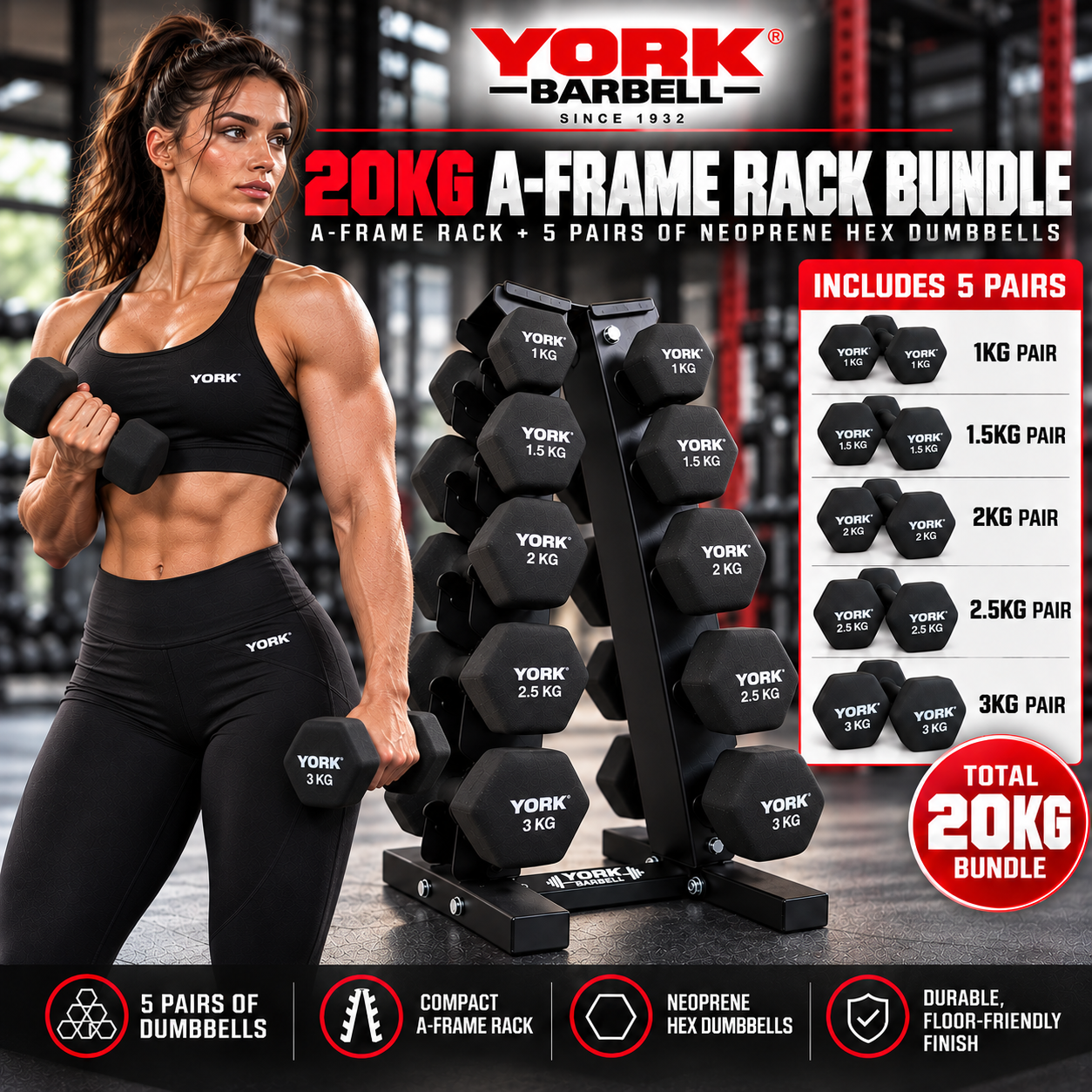 York Barbell 5-Pair A-Frame 20KG NEO HEX Dumbbell Bundle