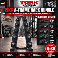 York Barbell 5-Pair A-Frame 15KG NEO HEX Dumbbell Bundle