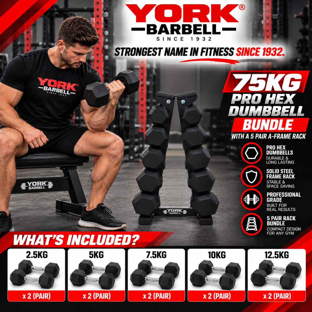 York Barbell 5-Pair A-Frame 75KG PRO HEX Dumbbell Bundle