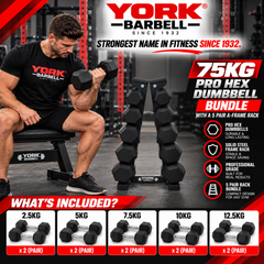 York Barbell 5-Pair A-Frame 75KG PRO HEX Dumbbell Bundle