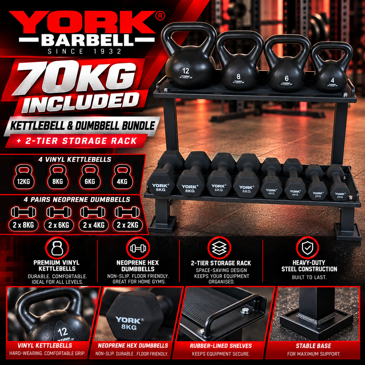 York Barbell 70 KG NEO / Vinyl kettlebell Bundle with 2 tier rack