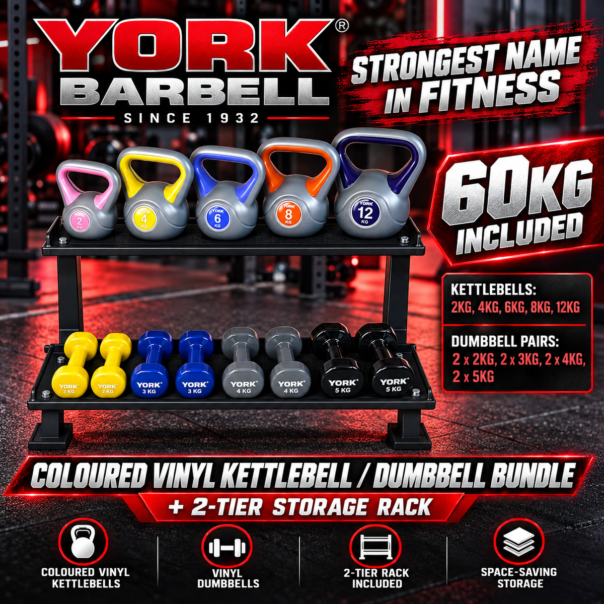 York Barbell 60 KG Vinyl kettlebell /Dumbbell Bundle with 2 tier rack