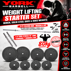 York Barbell Weight Lifting Starter Set - Bench + LAT Attachment ,Solid steel  Bars & 80kg Weights